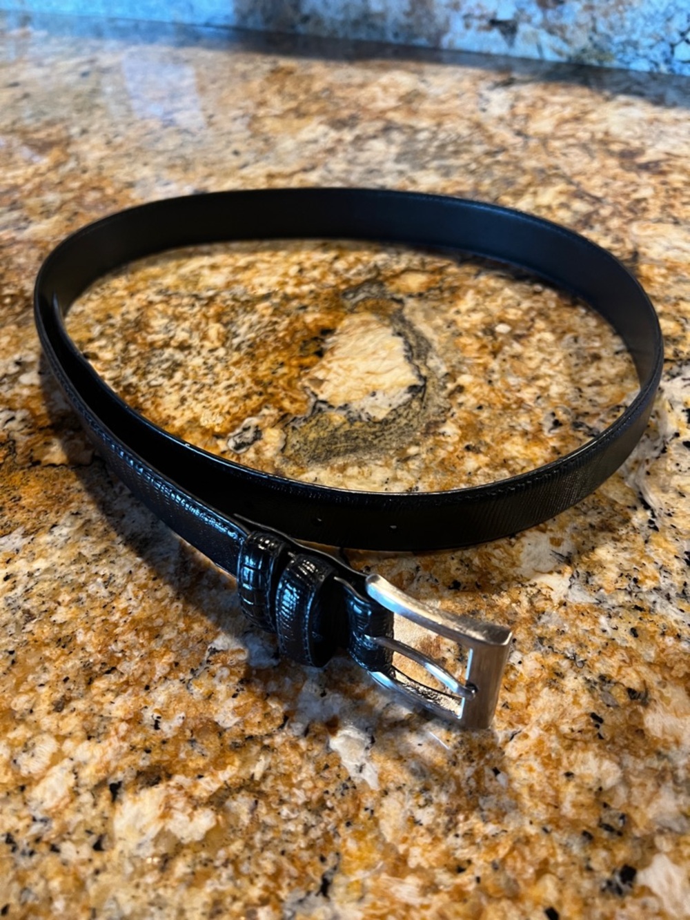 Black Leather Belt with Silver-Tone Buckle